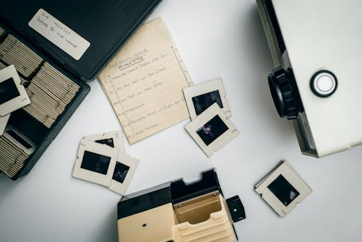 Flat lay of vintage slide projector and film slides, capturing nostalgia in photography.